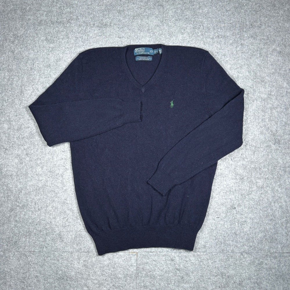 Polo Ralph Lauren Sweater Mens Medium Navy Blue Lambswool  Pullover Classic